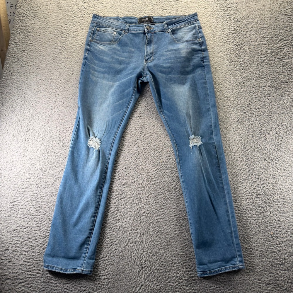 Spark Jeans‎ Men 36x32 Blue Denim Straight Leg Distressed Workwear Faded Stretch
